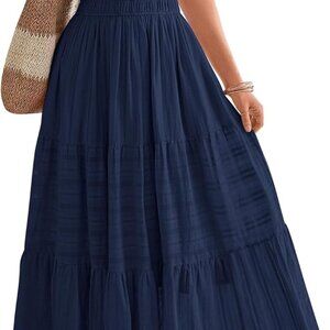 Womens Summer 2025 Casual Midi Maxi Dresses Lightweight Short Sleeve V Neck Elas